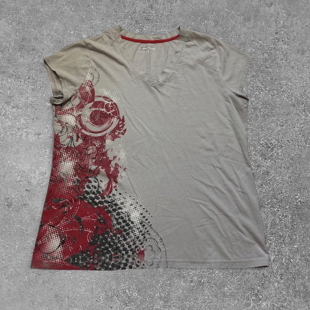 Xersion Women Gray Red Abstract Graphic Tee Y2K Grunge Halftone V-Neck Shirt XL
